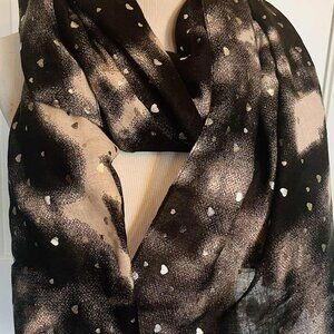 Vintage Black and Beige Scarf with Metallic Hearts — Viscose & Cotton Blend